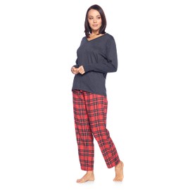 Ashford & Brooks Women’s Pajama Set | Cotton Knit Top & Flannel Pants Sleepwear PJs, Red Stewart, S