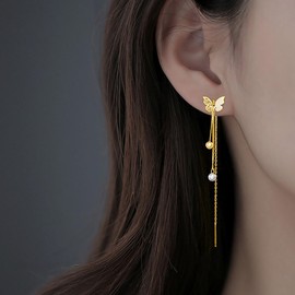 SLUYNZ Sterling Silver Butterfly Threader Earrings Dangle Chain for Women Teens Pearl Long Dangle Earrings Tassel (B-Gold)