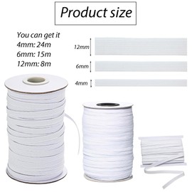 3Pcs Elastic for Sewing(4mm/24m, 6mm/15m & 12mm/8m), White High Elastic Cord for Sewing DIY Projects,Stretch Elastic Band for Sewing, DY Crafts, and Face Masks - Easy to Cut and Use