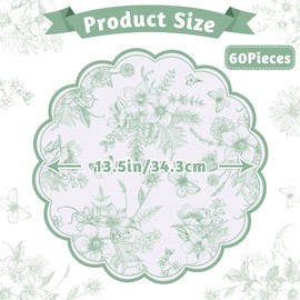 60 Pcs Sage Green Floral Paper Placemats, 13.5 Inch Disposable Scalloped Table Mats Vintage Floral Banquet Place Mats Sage Green Toile Placemat for Table Setting Wedding Bridal Tea Party Supplies