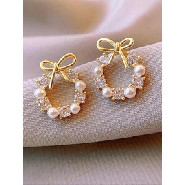 Faux Pearl & Rhinestone Decorated Bow Design Stud Earrings (1 Pair), Elegant Cute Jewelry for Party, Daily Clothing Decor for Girl, Trendy All-match & Exquisite Jewelry for Birthday Gift