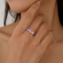 RANDES Sterling Silver Band Rings for Women 7 Stone Half Eternity Band Alexandrite Engagement Ring Purple Stacking Birthstone Ring Anniversary Jewelry Size 10