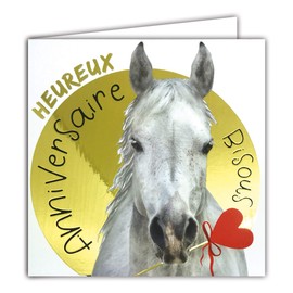 Afie 22061 Square Card for Birthday Bisous Horse White Heart Red Gold Glossy Textured Relief Effect 22061