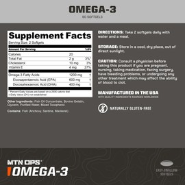 MTN OPS MTN OPS Omega 3 Fish Oil Supplement, 1000mg Fatty Acid Softgels for Healthy Heart, Joint & Bone Health, 30 Servings