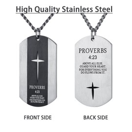 REVEMCN Black Silver Stainless Steel Bible Verse Cross Dog Tag Pendant Necklace for Men, 24-28 Inches Chain, Stainless Steel, not