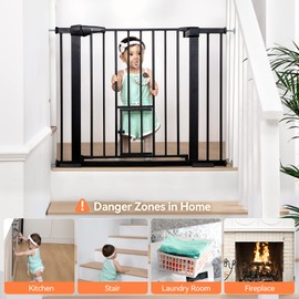 COMOMY Auto Close Baby Gate with Cat Door, 29.5"-40.5" Extra Wide Dog Gate for House Doorways Stairs, Pressure Mounted Easy Walk Thru Pet Gate, Includes 4 Wall Cups and 2 Extension Pieces, Black