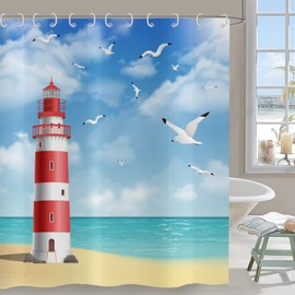 Hnmdmyi Shower Curtain Lighthouse 180 x 200 cm, Ocean Beach Seagull Blue Sky White Clouds Landscape Bath Curtain Waterproof Polyester Fabric Washable Bath Curtain for Bathroom with Hooks