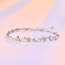 AVECON Womens Birthstone Bracelet Letter LOVE 925 Sterling Silver White Gold Plated Cubic Zirconia CZ Adjustable Link Chain