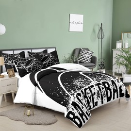 Bodhi Teen Boys Bedding Set Twin,Sports Comforter Set Set with Matching Pillowcase,Twin Size Boys Basketball Comforter Set,Black and White Color Bedding Comforter Set