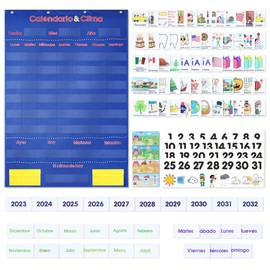 Spanish Bilingual Calendar & Weather Pocket Chart – 142 Laminated Flash Cards (Días, Meses, Clima) – Heavy-Duty Classroom Teaching Tool for Dual Language Homeschool & Elementary (Blue)