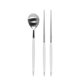 Bogen MontBlanc Dinnerware Spoon and Chopsticks Set, Teaspoon and Teafork Set, Longspoon - Korean Luxury Dinnerware Set Flatware Cutlery Set (White, Spoon Chopsticks Set)