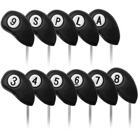 Golf Head Covers Set Value 11 Pieces for Golf Iron, Faux Leather Deluxe Headcovers Black Blue Red Golf Club Covers, Professional Durable Club Head Covers Fit All Brand Clubs (Black)