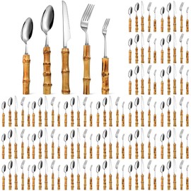 Bamboo Silverware Set 18/8 Stainless Steel Tableware Set Natural Bamboo Utensil Flatware Set Spoon Fork Knives Bamboo Handle Cutlery Set for Kitchen Wedding Home Restaurant Party (Silver,120 Pieces)