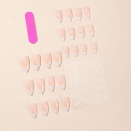 24pcs Medium Almond Press on Nails White Nail Tips Fake Nails Glossy Nude Pink False Nails Stick on Nails Full Cover Artificial Glue on Nails Acrylic Nail Kit for Women Girls DIY Manicure Salon
