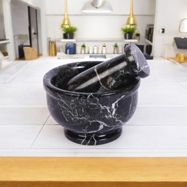 Exquisite Marble Mortar and Pestle Set - Your Ultimate Kitchen Essential for Grinding Spices, Making Guacamole, Salsa, Pesto, and Crushing Pills (Black Zebra, Bowl Shape (4"))