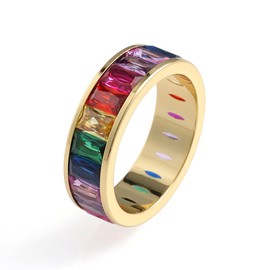M Muses art design Eternity Rainbow Ring, Birthstone Ring, Baguette Ring, Wedding Ring, Thumb Ring with Emerald Cut Cubic Zirconia for Women and Men - 18K Gold Plated