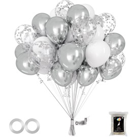 OWill 100pcs Balloons Silver and White Confetti 12 Inches Silver and White Latex Balloons, Silver Confetti Balloons for Birthday Baby Shower Wedding Party Supplies Arch Garland Decoration
