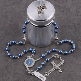 HanlinCC 6mm Glass Pearl Beads with Rose Flower Our Father Beads Miraculous Catholic Rosary Necklace with Rose Metal Catholic Gift Box for Men and Women (Blue Miraculous Rosary)