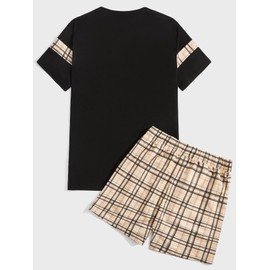 GORGLITTER Men's Plaid Print Casual Short Sleeve T Shirts and Shorts Tracksuit Set Khaki and Black X-Large