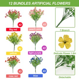 12 Bundles Artificial Flowers for Decoration - Faux Flowers for Outdoor Planters, 6 Color Realistic Uv Resistant Artificial Outdoor Plastic Flowers for Garden Patio Porch Window Planter Yard Decor