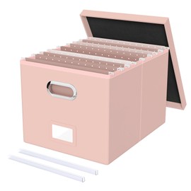 Oterri File Organizer Box,Filing Box with Lid,File Box for Letter/Legal File Folder Storage, Portable Hanging File Box for Office/Decor/Home,1 Pack, Cream-pink(Leather),Box only