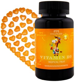 Hallingers Vitamin D3 Kinder - Vitaminherzen Tropical Fruit 60 vegane Gummies 1000 IE Vitamin D3 hochdosiert, 25 mcg pro Herz (Dose) - Ostergeschenke Osterkörbchen Ostereier & als Osterdeko | Geburtst