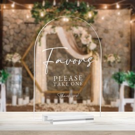 JINMURY Clear Arch Acrylic Favors Sign, 5x7 Inch Acrylic Wedding Table Signs 1/8" Thick and Stand, Modern Calligraphy White Lettering Favors Please Take One Sign for Wedding Party(5x7 Inch)