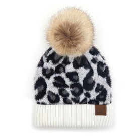 C.C Exclusives Soft Beanie hat with Leopard Pattern and Fur Pom, a Rubber Band Included (HAT-2061) (IVORY)