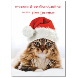 doodlecards Great Granddaughters 1st First Christmas Card Cat with Santa Hat Medium Size Christmas Card for Great Granddaughters 1st with Plain Envelope