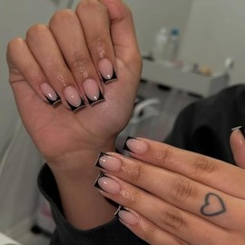 KQueenest 30 Pcs Negro French Tip Press On Uñas Cortas Cuadradas Prensas Ons, Natural Nude Uñas Falsas Acrílico, Pegamento Clásico En Uñas Ataúd Corto