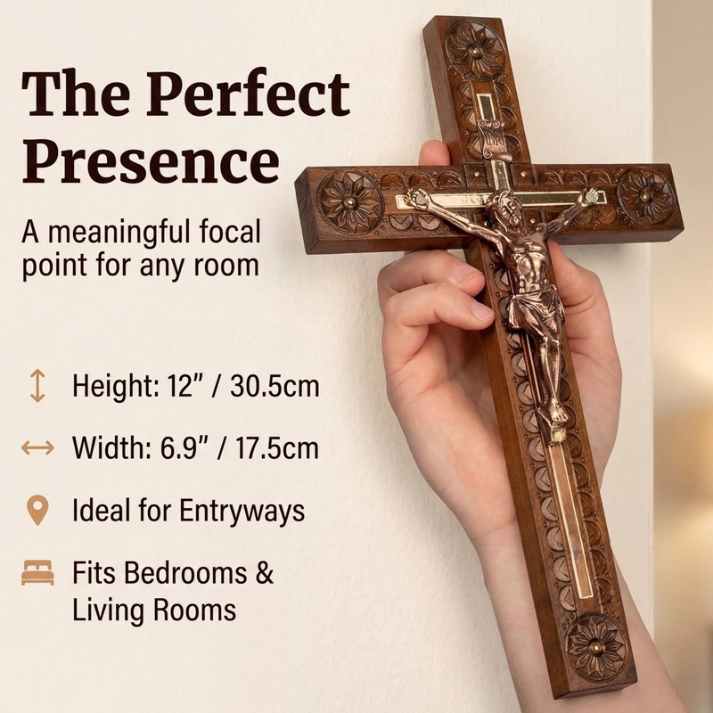 Woodvio - Handmade Wooden Wall Cross, Hand Carved Surface, Catholic