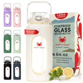 MIGHTY VESSEL 64 oz Glass Water Bottle – White | Leakproof Borosilicate Bottle with Straw, Silicone Sleeve, Time Marker – Half Gallon Hydration for Gym, Travel, Sports