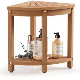 BEKVEM Waterproof Corner Shower Stool for Inside Shower, Poly Lumber Shower Bench Seat Chair, Bath Shower Stool for Shaving Legs Foot Rest with Storage Shelf, Adjustable & Non-Slip Feet, Teak Brown
