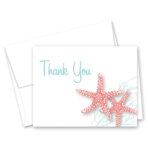 50 Starfish Beach Wedding Shower Thank You Cards (Coral)