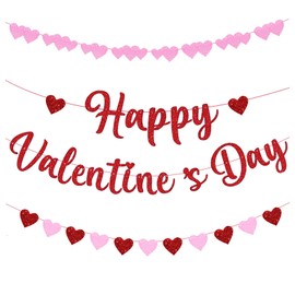 10 Feet Glitter Happy Valentine's Day Banner, No DIY Red Heart Garland for Valentines Party Decorations Home Classroom Decor Photo Props.