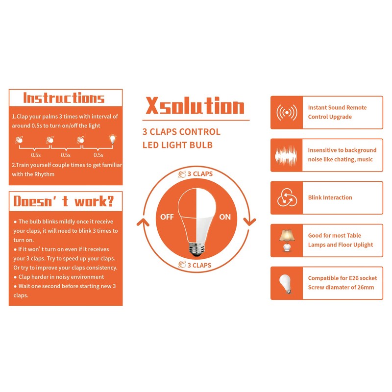 3 Claps Light Control Bulb for Bedroom Table Lamp Upgrade,