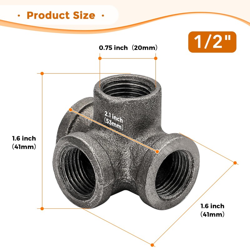 1/2" Pipe Fittings 4-Way Side Outlet Tee - Home Expert