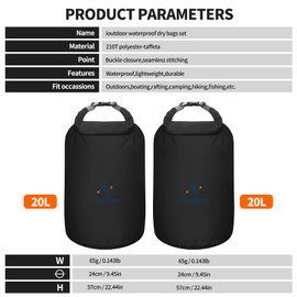 ioutdoor Dry Bag Set,2L/5L/10L/20L Waterproof Dry Bags Lightweight Dry Sacks Set Waterproof Canoe Bags for Rafting Hiking Camping Travel Fishing Boating(Black 20L+20L)