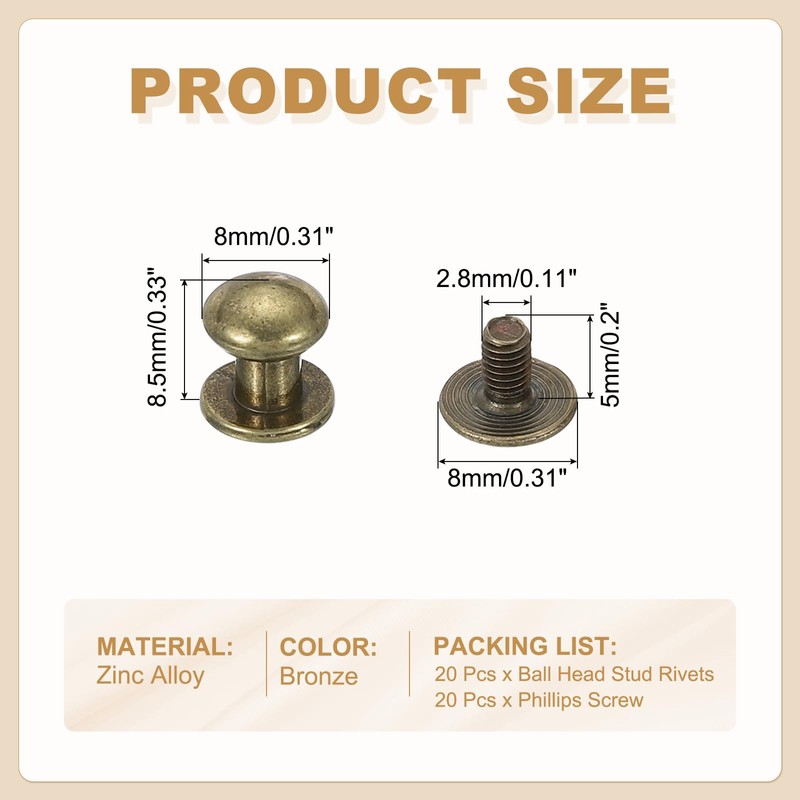PATIKIL 8 mm Leather Rivets, 20 Sets Ball Head Stud