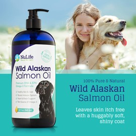 100% Pure Wild Alaskan Salmon Oil for Dogs, Omega 3 Dog Fish Oil Liquid, Skin and Coat Supplement for Shedding, Dry Itchy Skin and Allergies, All Natural EPA + DHA Fatty Acids, 32 oz Pump Bottle
