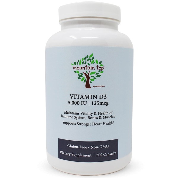 MOUNTAIN TOP Vitamin D3 5000 IU 125mcg Capsules (300 Count) Helps Support Immune Health, Strong Bones and Teeth, & Muscle Function - Non-GMO, Gluten-Free