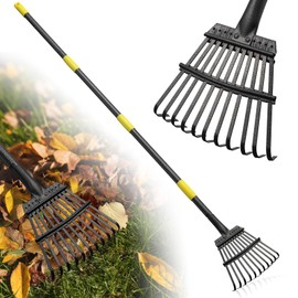 Leaf Rake: 8.5" Wide Heavy Duty Small Metal Garden Rake for Lawn Yard Garden Bed Leaves Debris Shrub Pine Needles Cleanup, 11 Metal Tines, Lightweight Kids Leaf Rakes, 72” Long Handle