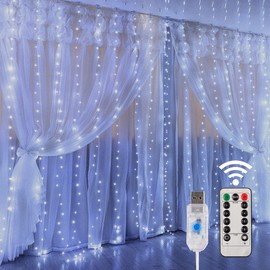Curtain Fairy Lights, 3m×3m 300LED Fairy Lights USB Powered 8 Modes Remote Control Waterproof Curtain Lights for Outdoor Indoor, Bedroom, Garden, Party, Wedding, Christmas Decoration (Cool White)
