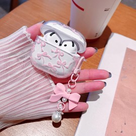 MINSCOSE Compatible with AirPods 4 Clear Case,Cute Ribbon Bow Pretty Aesthetic Design with Bow Pearl Keychain,Soft TPU Protective Shockproof Case for Women Girl for Airpod 4-Pink