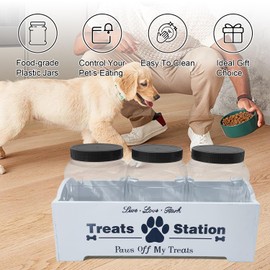 MinBoo Bamboo Dog Treat Container Dog Food Container for Dog Food Storage with 3 Plastic Dog Treat Jars, Reusable Cat Treat Container, Pet Treat Storage Organizer (White-3 Plastic Jars)