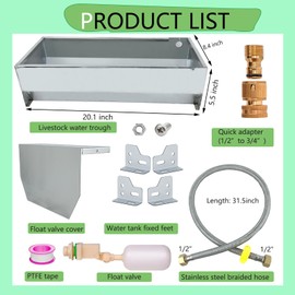 Automatic Livestock Water Trough Large Capacity Self Filling Dog Waterer Tank Stainless Steel Animal Drinking Water Bowl Dispenser with Float Valve Kit for Dog Horse Goat Pets Pig Cow