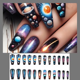 Black Press on Nails Long Coffin Shaped Fake Nails with Space Planet Stick on Nails Gradient False Nails Glossy Full Cover Glue on Nails Reusable Artificial Acrylic Nails Kit for Women Girls 24Pcs