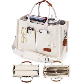 FIORETTO Canvas Tote Bag for Women with Zipper Closure & Individual Compartments for Work College, Crossbody Laptop Tote Purse Handbag with Detachable Strap & Bottom Support for Teacher & Nurse Beige