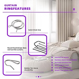Swpeet 120 anillos de cortina de metal plateados de 1.35 pulgadas a 30 mm para colgar cortinas y ganchos de acero inoxidable de 4 puntas, gancho plisado con ganchos para cortina de cortina para ventana, cortina de ducha