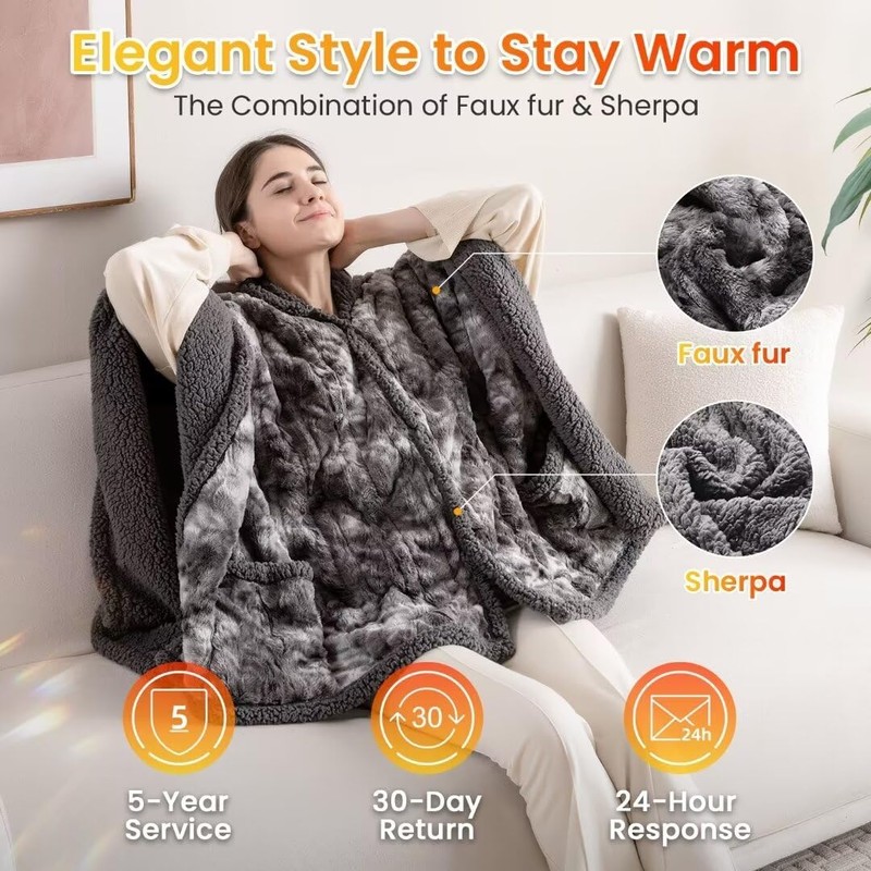 WOOMER Wearable Heated Blanket 50”×70“, Soft Faux Fur & Cozy